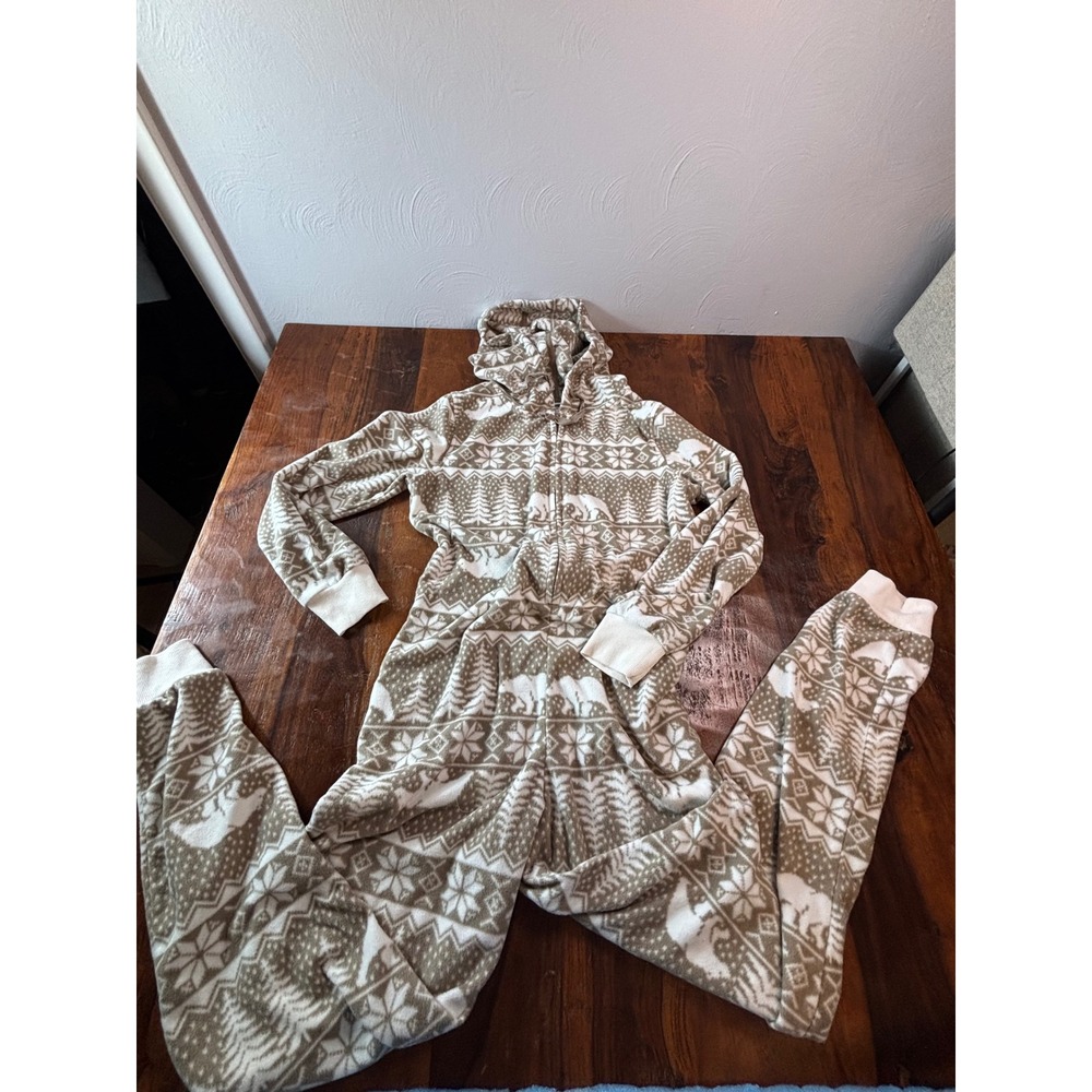 Old Navy Womens Small Tan Fair Isle Polar Bear Fleece Hooded One Piece Pajamas‎